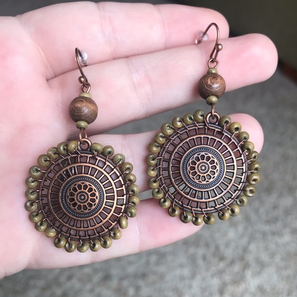 Jewelry - Bohemian Beaded Metal Bronze Color Earrings